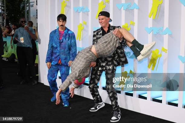 Anthony Kiedis, Flea and Chad Smith of Red Hot Chili Peppers attend the 2022 MTV VMAs at Prudential Center on August 28, 2022 in Newark, New Jersey.