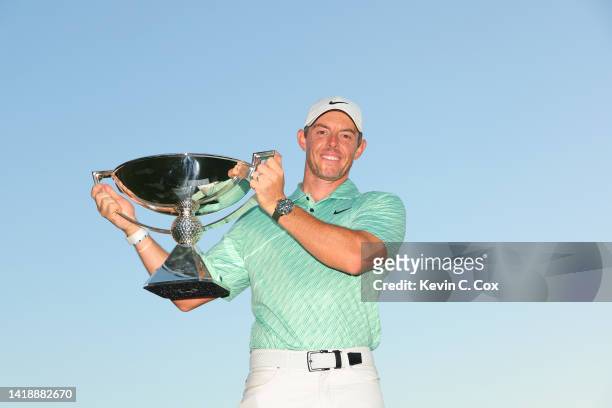 Rory McIlroy of Northern Ireland celebrates with the FedEx Cup after winning during the final round of the TOUR Championship at East Lake Golf Club...