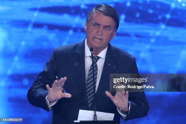 President of Brazil and presidential candidate Jair Bolsonaro speaks during the first presidential debate ahead of October 02 elections at TV...