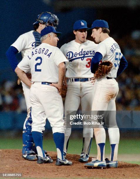 Los Angeles Dodgers Manager Tommy Lasorda has a discussion with Pitcher Orel Hershiser during Los Angeles Dodgers vs St. Louis Cardinals MLB playoff...