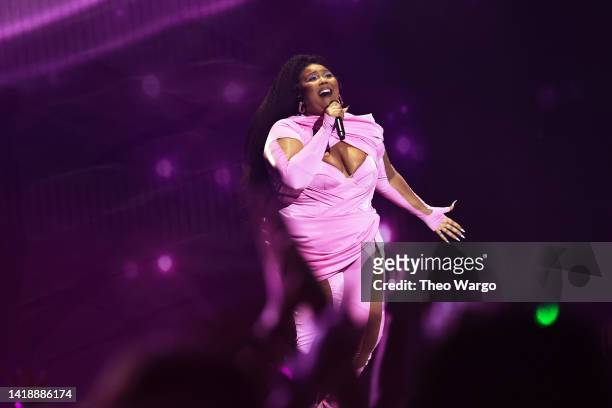 Lizzo performs onstage at the 2022 MTV VMAs at Prudential Center on August 28, 2022 in Newark, New Jersey.