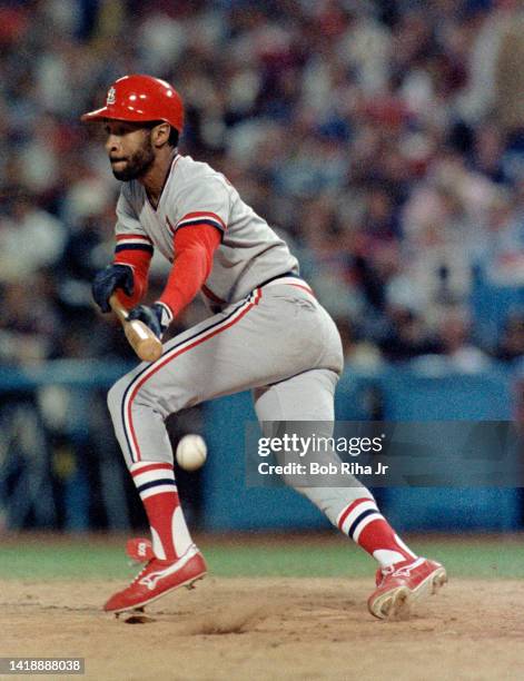 St. Louis Cardinals Ozzie Smith lays down a bunt during Los Angeles Dodgers vs St. Louis Cardinals MLB playoff game, October 10, 1985 in Los Angeles,...