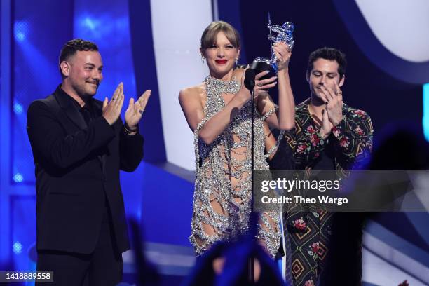 Taylor Swift accepts an award onstage at the 2022 MTV VMAs at Prudential Center on August 28, 2022 in Newark, New Jersey.