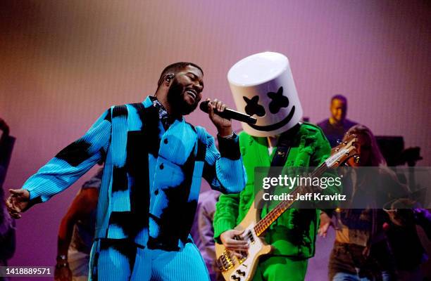 Khalid and Marshmello perform onstage at the 2022 MTV VMAs at Prudential Center on August 28, 2022 in Newark, New Jersey.