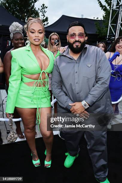 Latto and DJ Khaled attend the 2022 MTV VMAs at Prudential Center on August 28, 2022 in Newark, New Jersey.