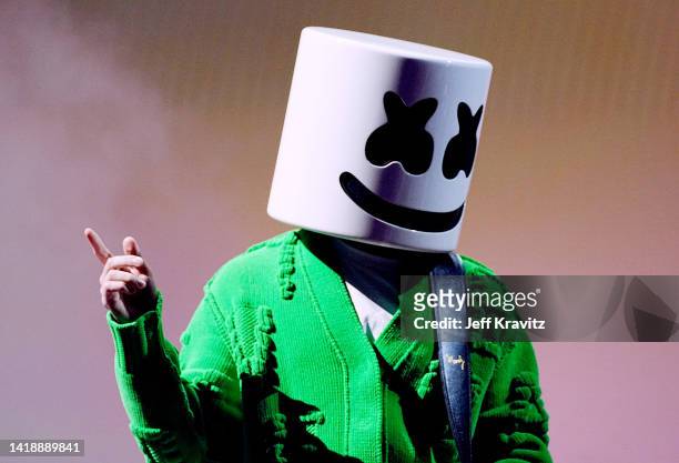 Marshmello performs onstage at the 2022 MTV VMAs at Prudential Center on August 28, 2022 in Newark, New Jersey.