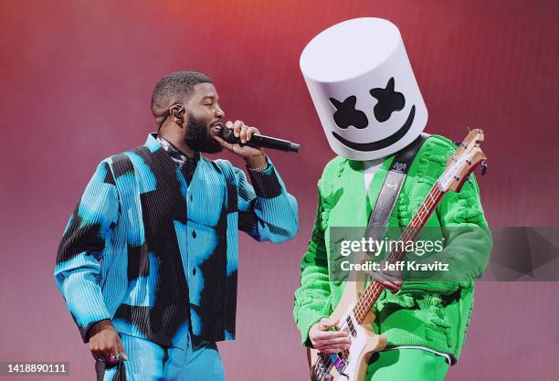 Khalid and Marshmello perform onstage at the 2022 MTV VMAs at Prudential Center on August 28, 2022 in Newark, New Jersey.