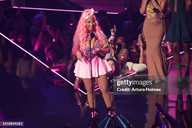 Nicki Minaj accepts the Michael Jackson Video Vanguard Award onstage at the 2022 MTV VMAs at Prudential Center on August 28, 2022 in Newark, New...