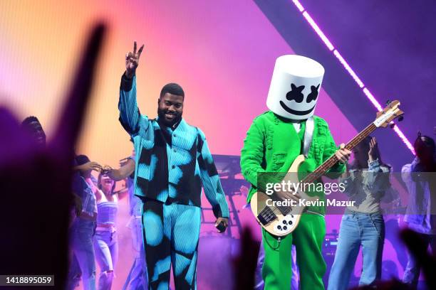 Khalid and Marshmello perform onstage at the 2022 MTV VMAs at Prudential Center on August 28, 2022 in Newark, New Jersey.