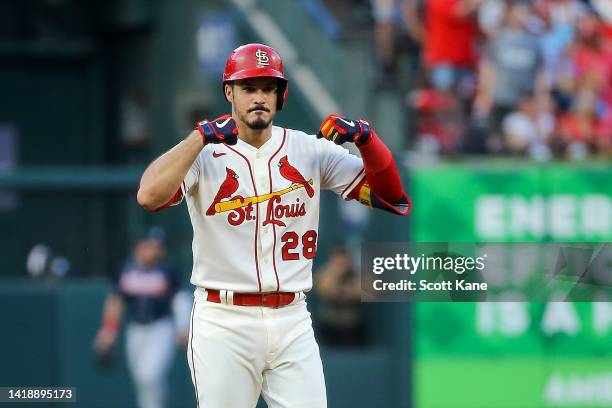 Nolan Arenado of the St. Louis Cardinals gestures after hitting a ground rule double during the first inning against the Atlanta Braves at Busch...