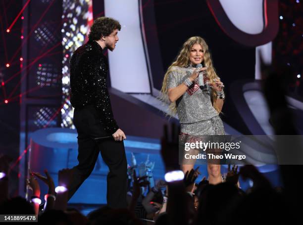 Jack Harlow and Fergie perform onstage at the 2022 MTV VMAs at Prudential Center on August 28, 2022 in Newark, New Jersey.