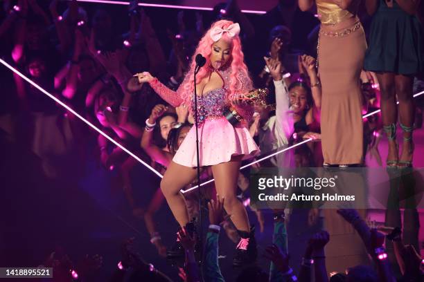 Nicki Minaj accepts the Michael Jackson Video Vanguard Award onstage at the 2022 MTV VMAs at Prudential Center on August 28, 2022 in Newark, New...