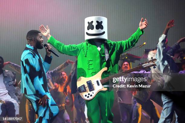 Khalid and Marshmello perform onstage at the 2022 MTV VMAs at Prudential Center on August 28, 2022 in Newark, New Jersey.