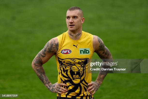 Dustin Martin of the Tigers looks on during a Richmond Tigers AFL training session at Punt Road Oval on August 29, 2022 in Melbourne, Australia.