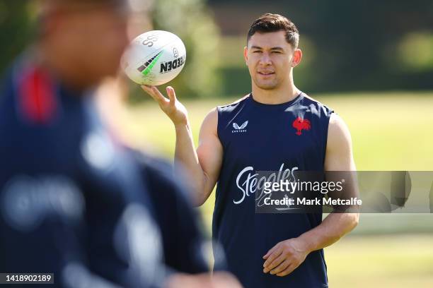 Joseph Manu looks on during a Sydney Roosters NRL training session at Kippax Lake on August 29, 2022 in Sydney, Australia.