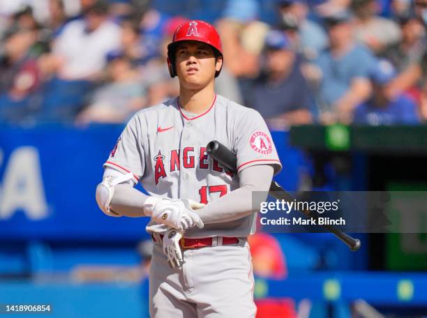 Shohei Ohtani of the Los Angeles Angels takes an at bat against the Toronto Blue Jays in the seventh inning during their MLB game at the Rogers...
