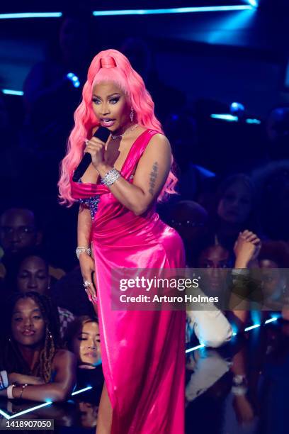 Nicki Minaj speaks onstage at the 2022 MTV VMAs at Prudential Center on August 28, 2022 in Newark, New Jersey.