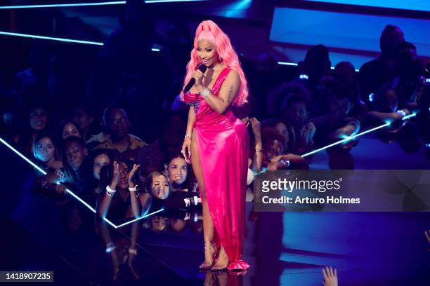 Nicki Minaj speaks onstage at the 2022 MTV VMAs at Prudential Center on August 28, 2022 in Newark, New Jersey.