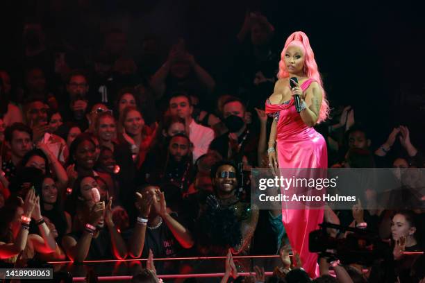 Nicki Minaj speaks onstage at the 2022 MTV VMAs at Prudential Center on August 28, 2022 in Newark, New Jersey.