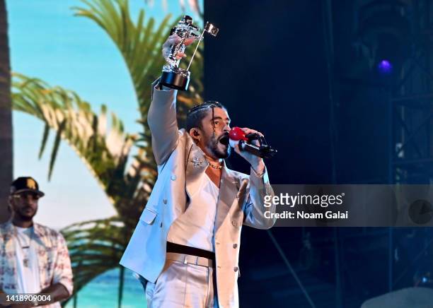 Bad Bunny performs at Yankee Stadium for the 2022 MTV VMAs broadcast on August 28, 2022 in New York City.