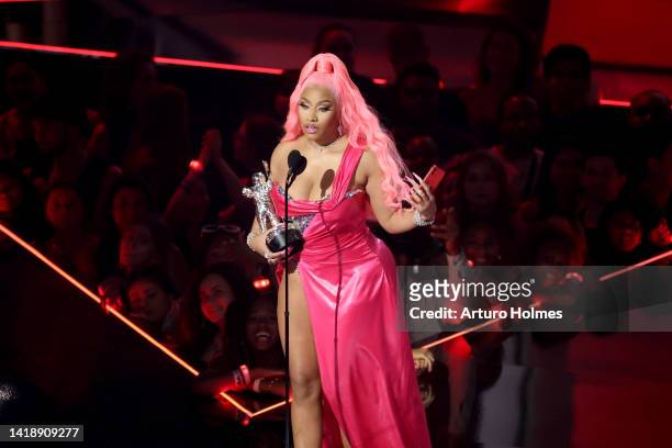 Nicki Minaj accepts the Best Hip-Hop award for ‘Do We Have a Problem?’ onstage at the 2022 MTV VMAs at Prudential Center on August 28, 2022 in...