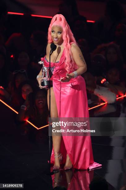 Nicki Minaj accepts the Best Hip-Hop award for ‘Do We Have a Problem?’ onstage at the 2022 MTV VMAs at Prudential Center on August 28, 2022 in...