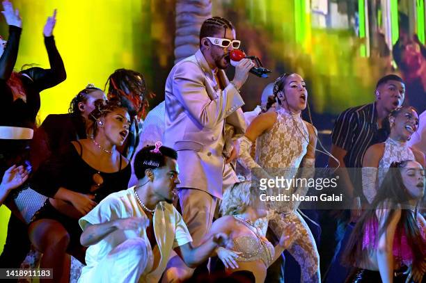 Bad Bunny performs at Yankee Stadium for the 2022 MTV VMAs broadcast on August 28, 2022 in New York City.