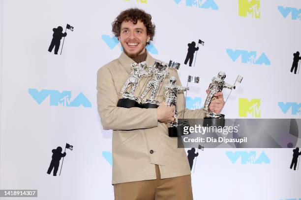 Jack Harlow winner of the Song of the Summer award for 'First Class' poses in the press room at the 2022 MTV VMAs at Prudential Center on August 28,...