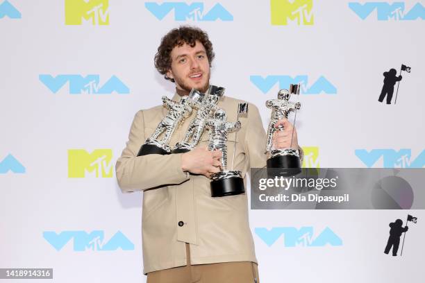 Jack Harlow winner of the Song of the Summer award for 'First Class' poses in the press room at the 2022 MTV VMAs at Prudential Center on August 28,...