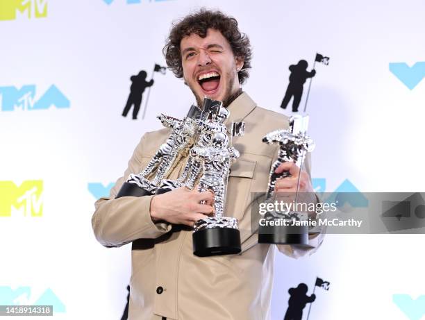 Jack Harlow winner of Song of the Summer for "First Class" poses in the press room at the 2022 MTV VMAs at Prudential Center on August 28, 2022 in...