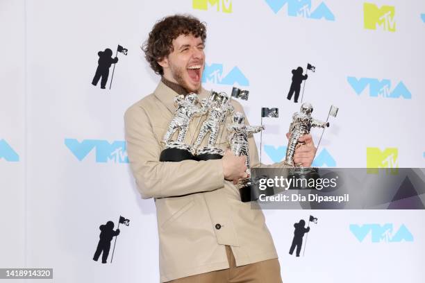 Jack Harlow winner of the Song of the Summer award for 'First Class' poses in the press room at the 2022 MTV VMAs at Prudential Center on August 28,...