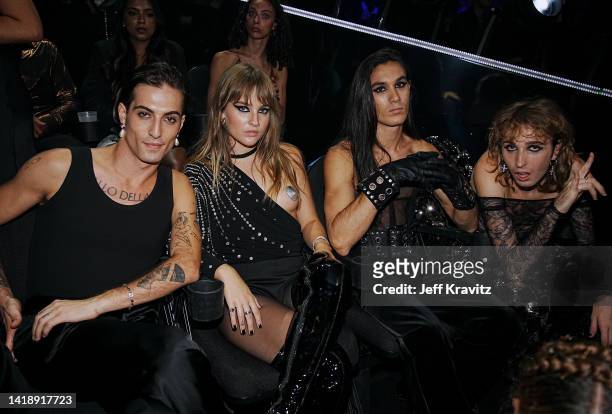 Damiano David, Victoria De Angelis, Ethan Torchio and Thomas Raggi of Måneskin attend the 2022 MTV VMAs at Prudential Center on August 28, 2022 in...
