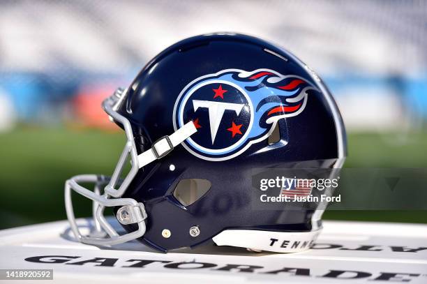 View of a Tennessee Titans helmet before the preseason game between the Tennessee Titans and the Arizona Cardinals at Nissan Stadium on August 27,...