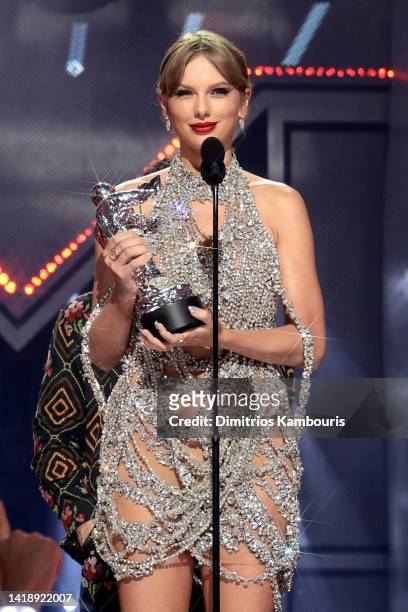 Taylor Swift accepts the Video of the Year award onstage at the 2022 MTV VMAs at Prudential Center on August 28, 2022 in Newark, New Jersey.