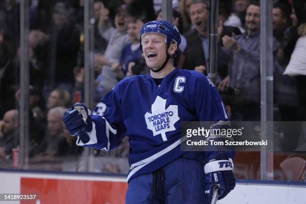 Mats Sundin of the Toronto Maple Leafs celebrates after scoring a goal in NHL game action against the Boston Bruins on March 14, 2006 at Air Canada...