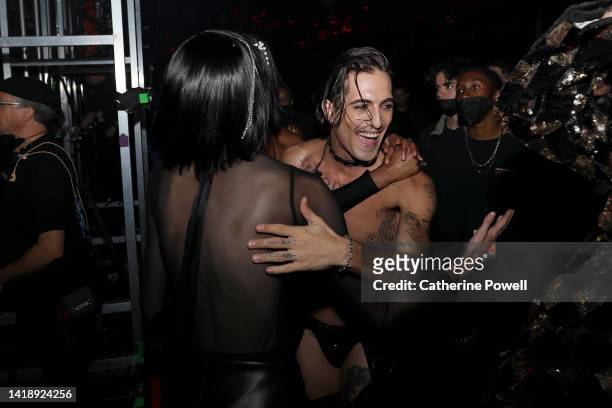 Damiano David of Måneskin seen backstage at the 2022 MTV VMAs at Prudential Center on August 28, 2022 in Newark, New Jersey.
