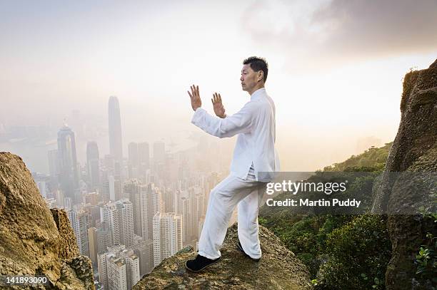 man practicing tai chi infront of skyline - chinese martial arts stock pictures, royalty-free photos & images