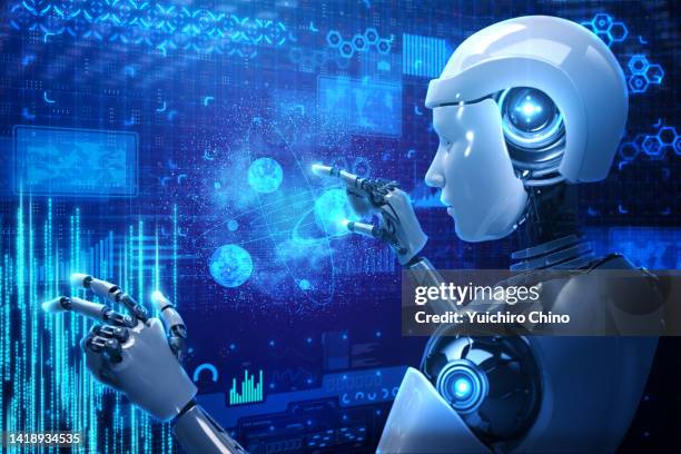 ai robot controlling future hologram ui - artificial intelligence stock-fotos und bilder