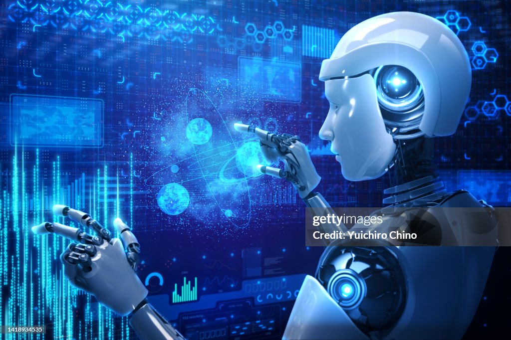 AI robot controlling future hologram UI