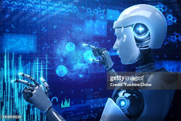 ai robot controlling future hologram ui - robot stock pictures, royalty-free photos & images