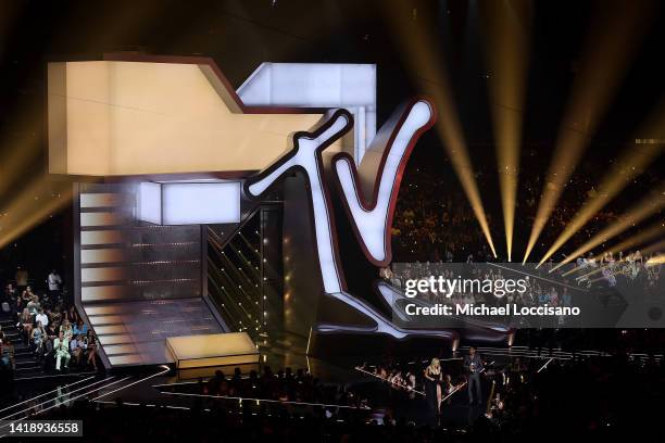 Bebe Rexha speaks onstage at the 2022 MTV VMAs at Prudential Center on August 28, 2022 in Newark, New Jersey.