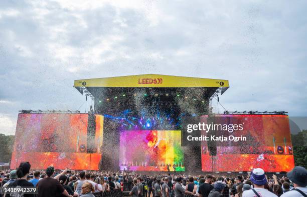 Rou Reynolds of Enter Shikari performs on Day 3 of Leeds Festival on August 28, 2022 in Leeds, England.