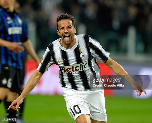 Alessandro Del Piero of Juventus FC celebrates scoring the second goal during the Serie A match between Juventus FC and FC Internazionale Milano at...