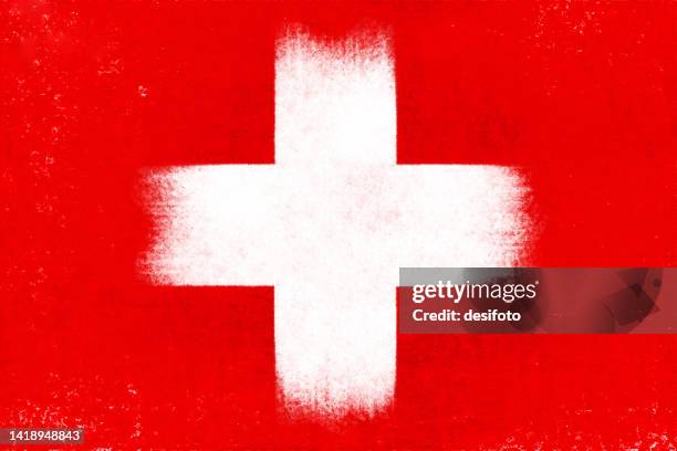 schweizer nationalflaggenbanner-vorlage auf horizontal verschmiertem künstlerischem retro-grunge-rot-hintergrund mit weiß gefärbtem verschmiertem farbstrichkreuz oder pluszeichen wie in schweizer flagge - schweizer flagge stock-grafiken, -clipart, -cartoons und -symbole
