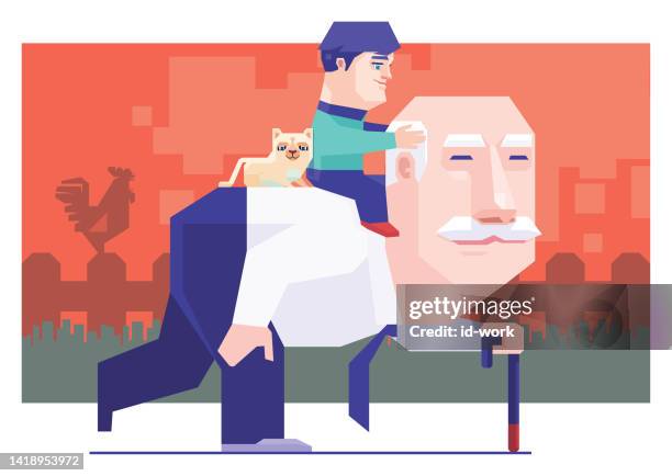 senior man carrying boy and cat on back - old people exercise cartoon stock illustrations