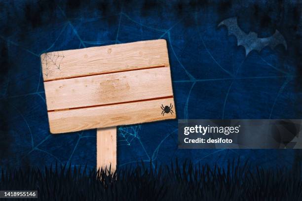 foggy horror midnight view, of blank spooky dark navy blue gradient color with spider web or cobweb in backdrop, one bat and one spider hanging with a blank wooden placard post banner sign - fly poster texture stock illustrations
