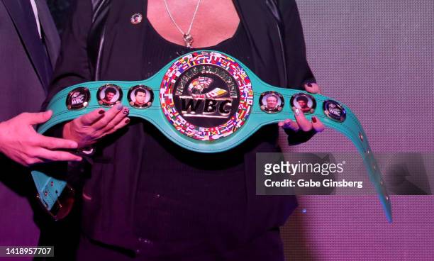 Detailed view of the WBC World Champion belt given to Brenda Glur-Spinks by World Boxing Council President Mauricio Sulaimán during Leon Spinks...