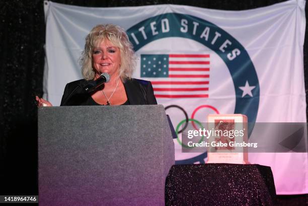 Brenda Glur-Spinks speaks during Leon Spinks celebration of life and memorial service at The Modern Showrooms at Alexis Park Resort Hotel on August...