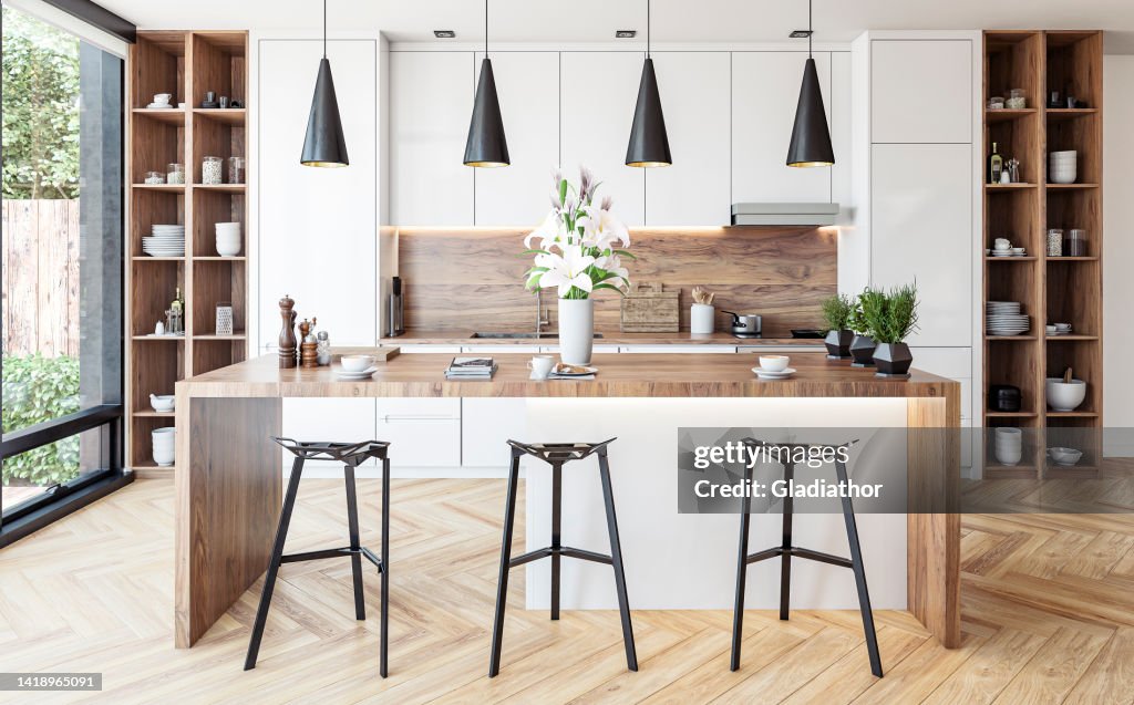 Modern white kitchen with rectangular breakfast kitchen island with stools