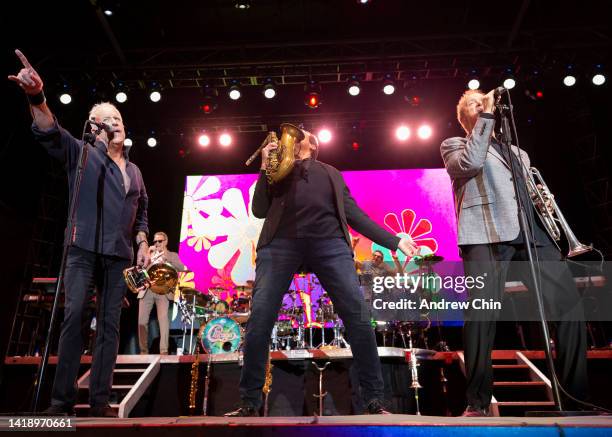 Musicians James Pankow, Ray Herrmann and Lee Loughnane, founding members of the classic rock band Chicago, perform on stage at PNE Amphitheatre on...